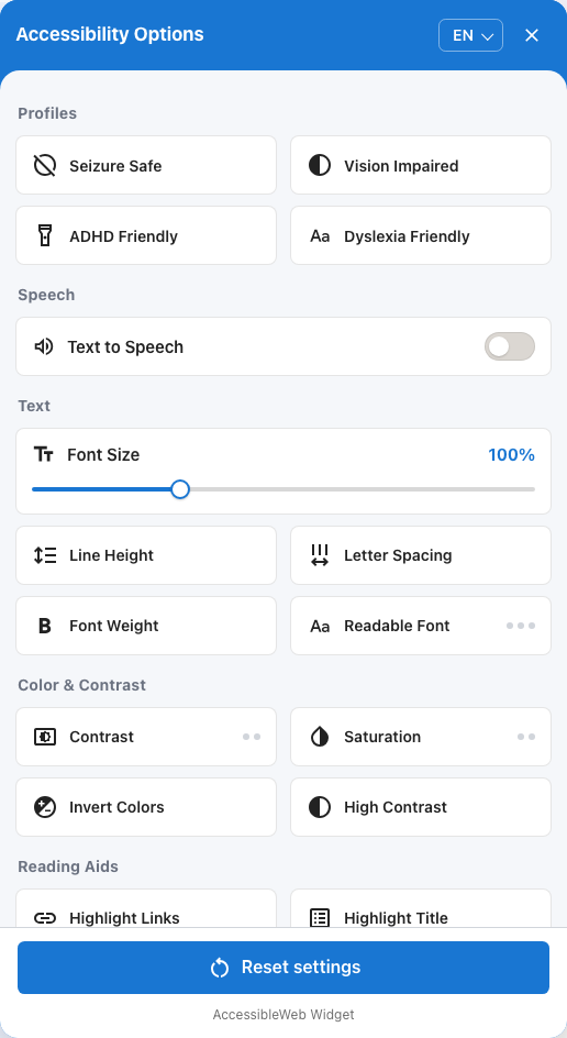 The widget panel: accessibility profiles, text-to-speech, font size, contrast, and reading controls