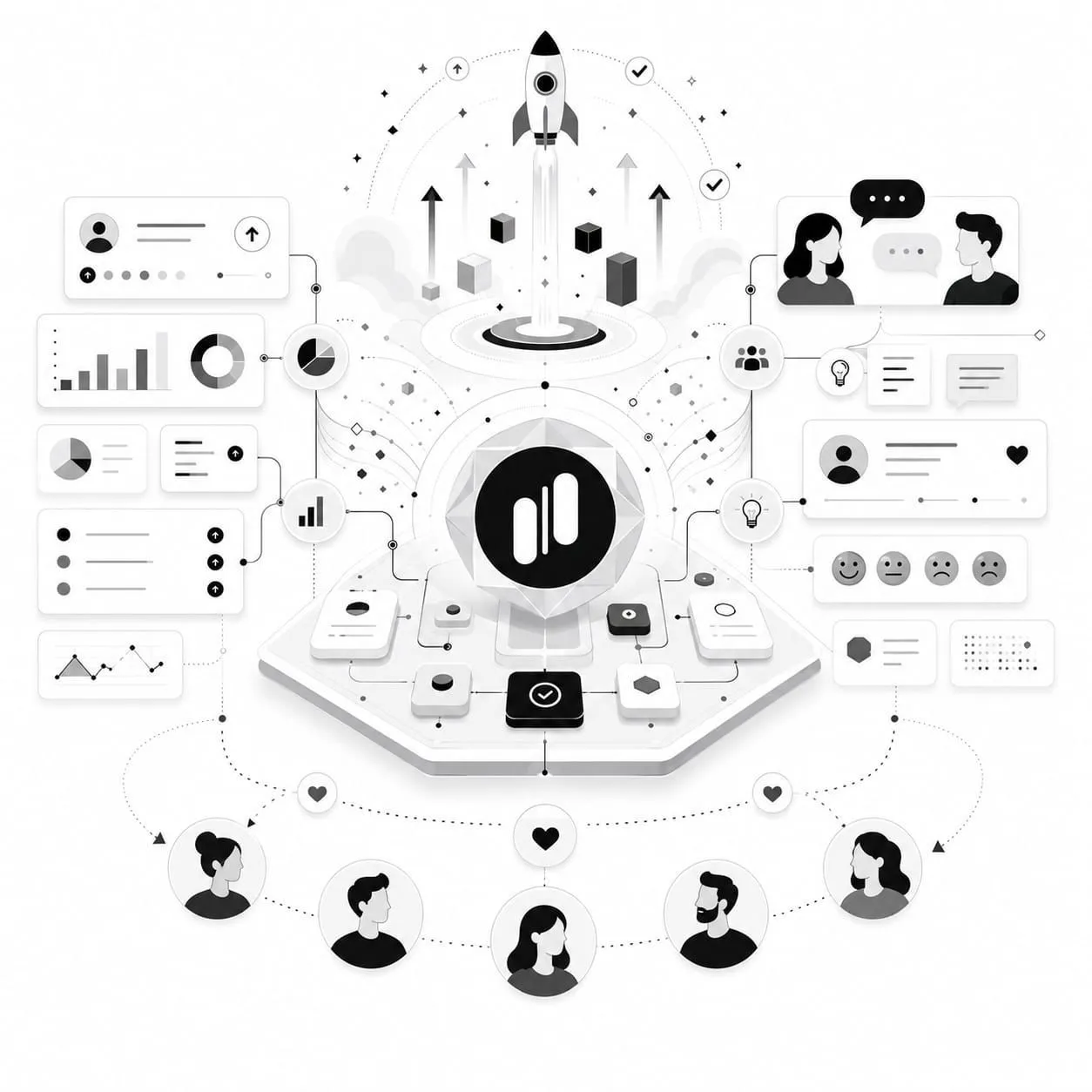 Central hub launching a rocket surrounded by analytics panels, interview icons, and a ring of users celebrating with hearts Central hub launching a rocket surrounded by analytics panels, interview icons, and a ring of users celebrating with hearts
