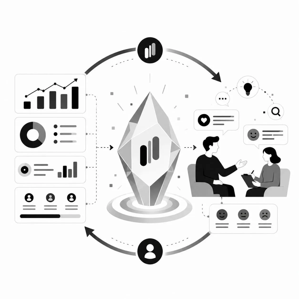 Diagram showing quantitative dashboards and qualitative user interviews feeding into a central diamond-shaped feedback loop icon Diagram showing quantitative dashboards and qualitative user interviews feeding into a central diamond-shaped feedback loop icon