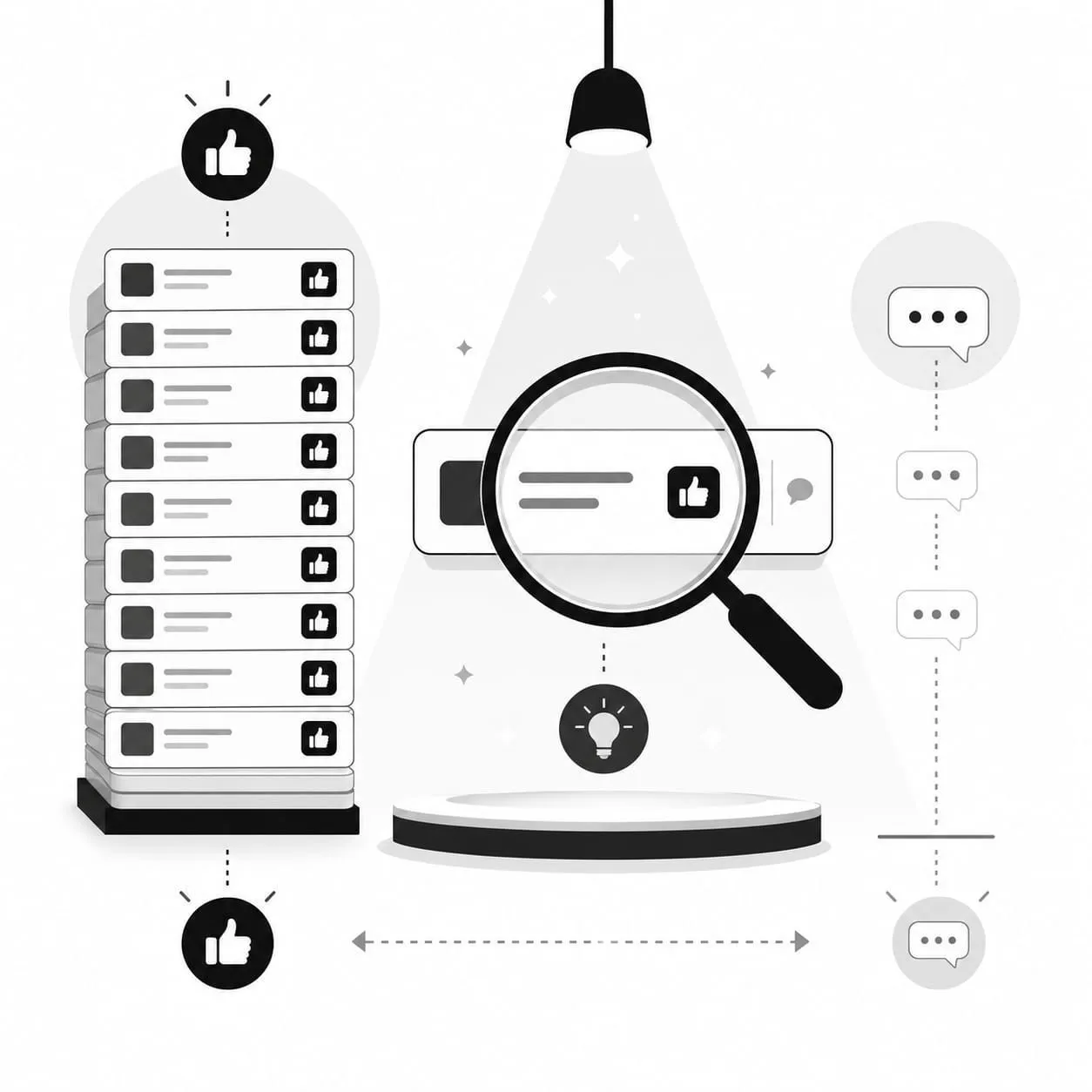 Magnifying glass spotlighting a single feedback item in a stack of upvoted feedback cards, with a trail of comment bubbles Magnifying glass spotlighting a single feedback item in a stack of upvoted feedback cards, with a trail of comment bubbles