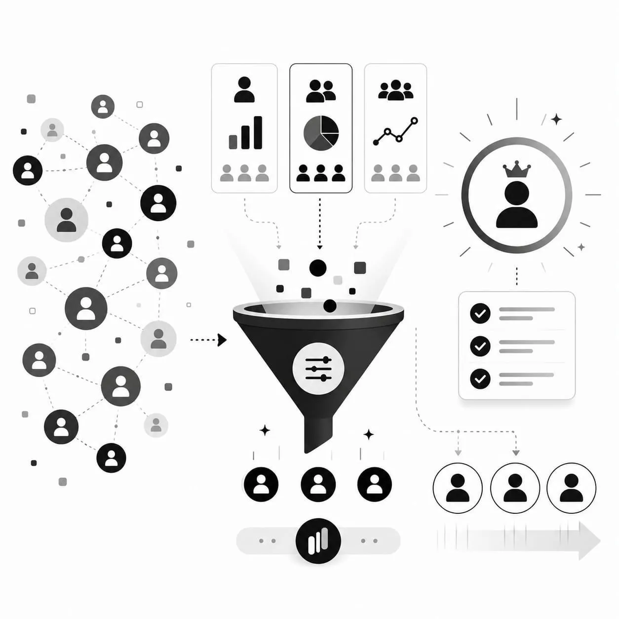 Network of users filtered through dashboards and a funnel into a highlighted VIP user with a crown icon and checklist Network of users filtered through dashboards and a funnel into a highlighted VIP user with a crown icon and checklist