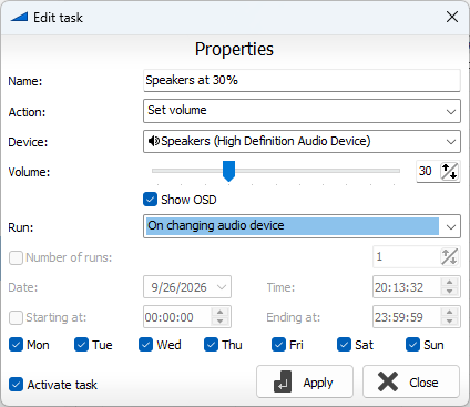 Volume² Edit task window: Set volume to 30 on the Speakers device, run On changing audio device