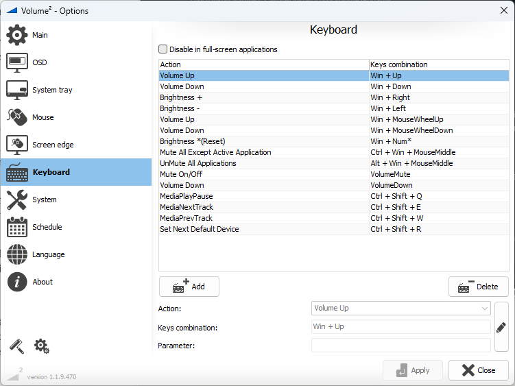 Volume² settings, Keyboard tab, with hotkeys including Mute All Except Active Application and UnMute All Applications