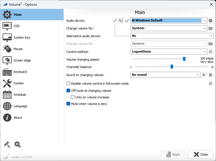 Volume² settings, Main tab, showing the Change volume for option next to the audio device