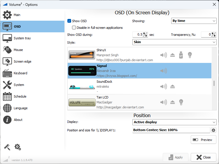 Volume² settings, OSD tab, with the Skin style and a skin selected