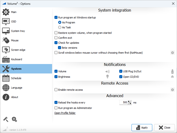 Volume² settings, System tab, with the Enable remote access option under Remote Access