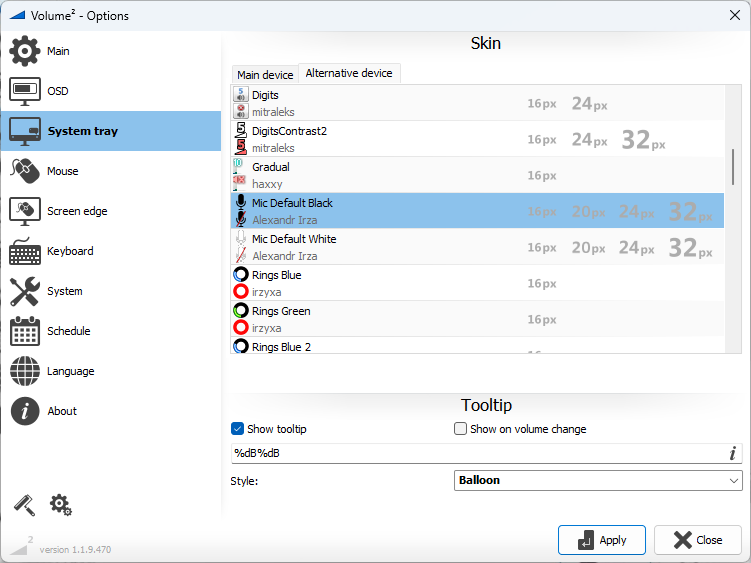 Volume² settings, System tray tab, Alternative device sub-tab with the Mic Default Black skin selected