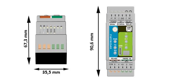 HomeMaster MicroPLC mechanical drawing (front and side view) with dimensions in mm