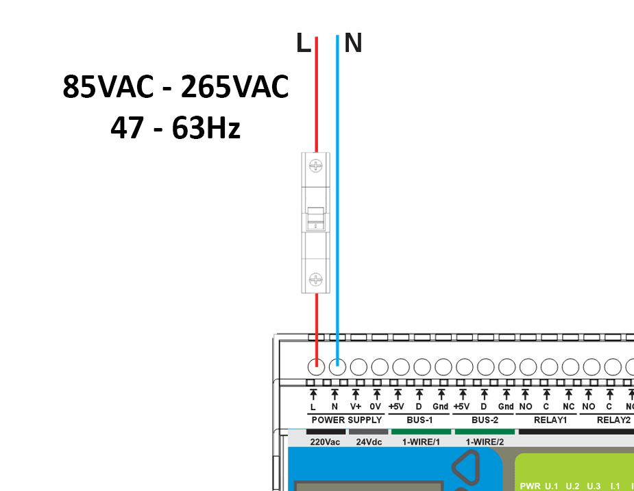Wiring example: 85–265 V AC to L and N with external fuse/breaker