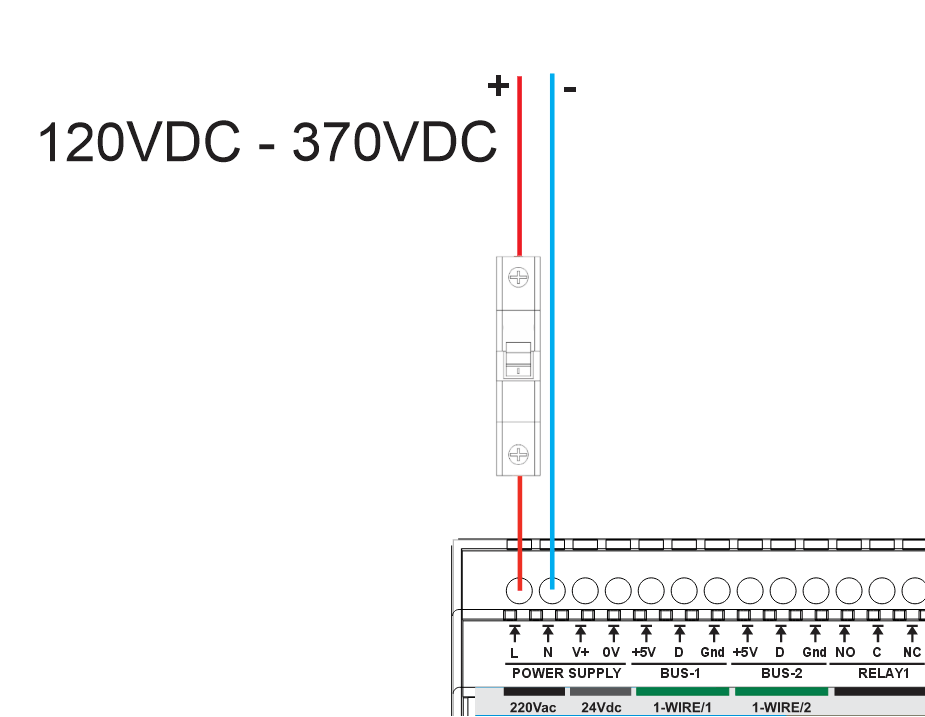 Wiring example: 120–370 V DC on L/N terminals with polarity as marked and external fuse/breaker