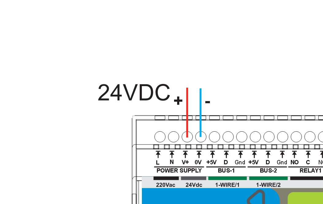 Wiring example: 24 V DC connected to V+ and 0V