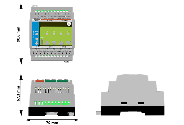 HomeMaster AIO-422-R1 mechanical dimensions (front and side views, mm)