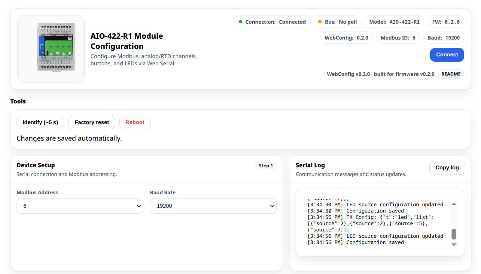 AIO-422-R1 WebConfig — connection, Modbus address/baud, tools and serial log