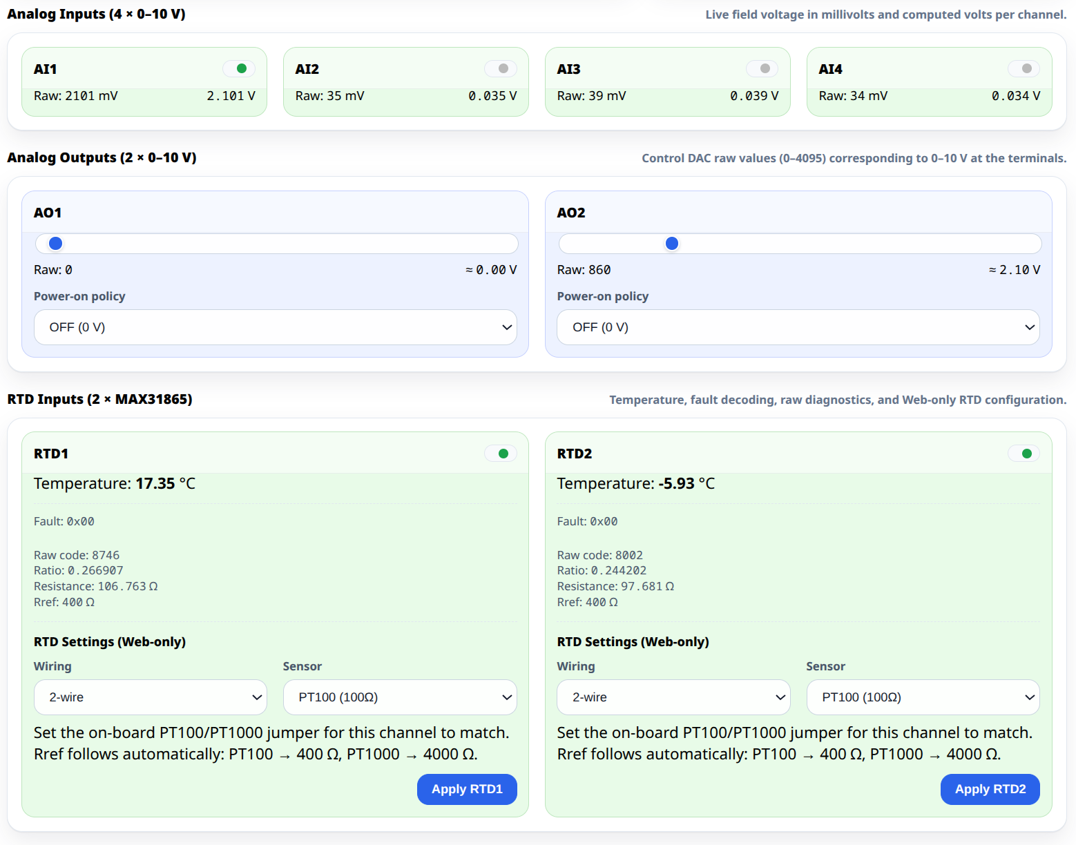 AIO-422-R1 WebConfig — live AI/AO values and RTD channels