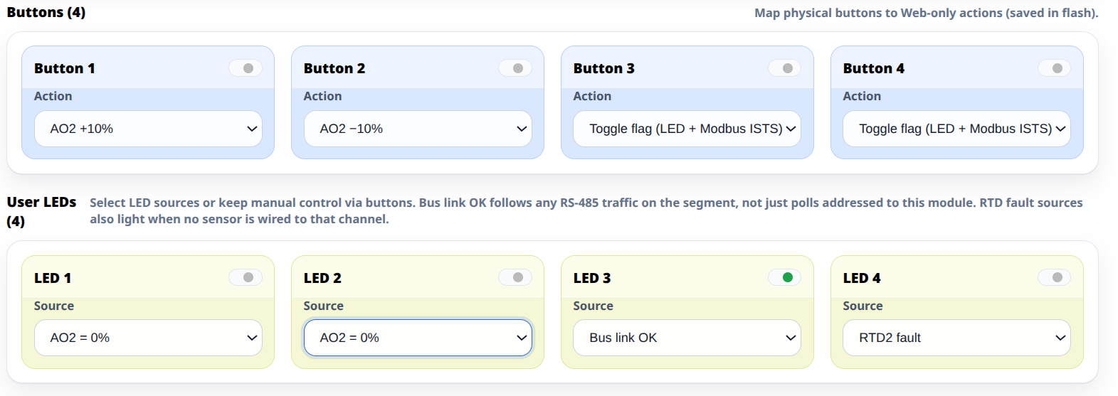 AIO-422-R1 WebConfig — button actions and LED sources