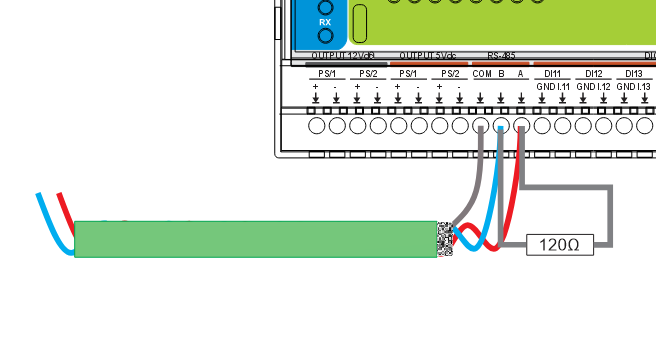 RS‑485 wiring example: bus connection (A/B/COM)
