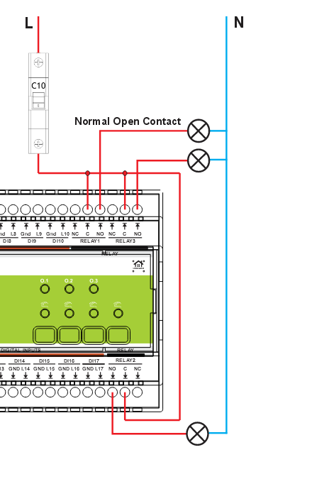 ALM-173-R1 relay wiring example (COM/NO/NC)
