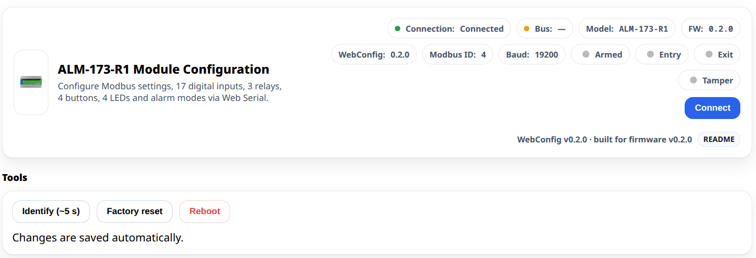 WebConfig — overview, connection & status (Armed/Entry/Exit/Tamper)