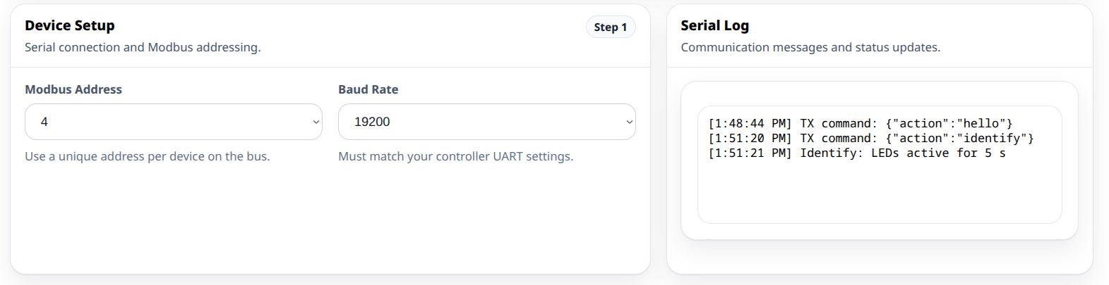 Device setup — Modbus address & baud, serial log