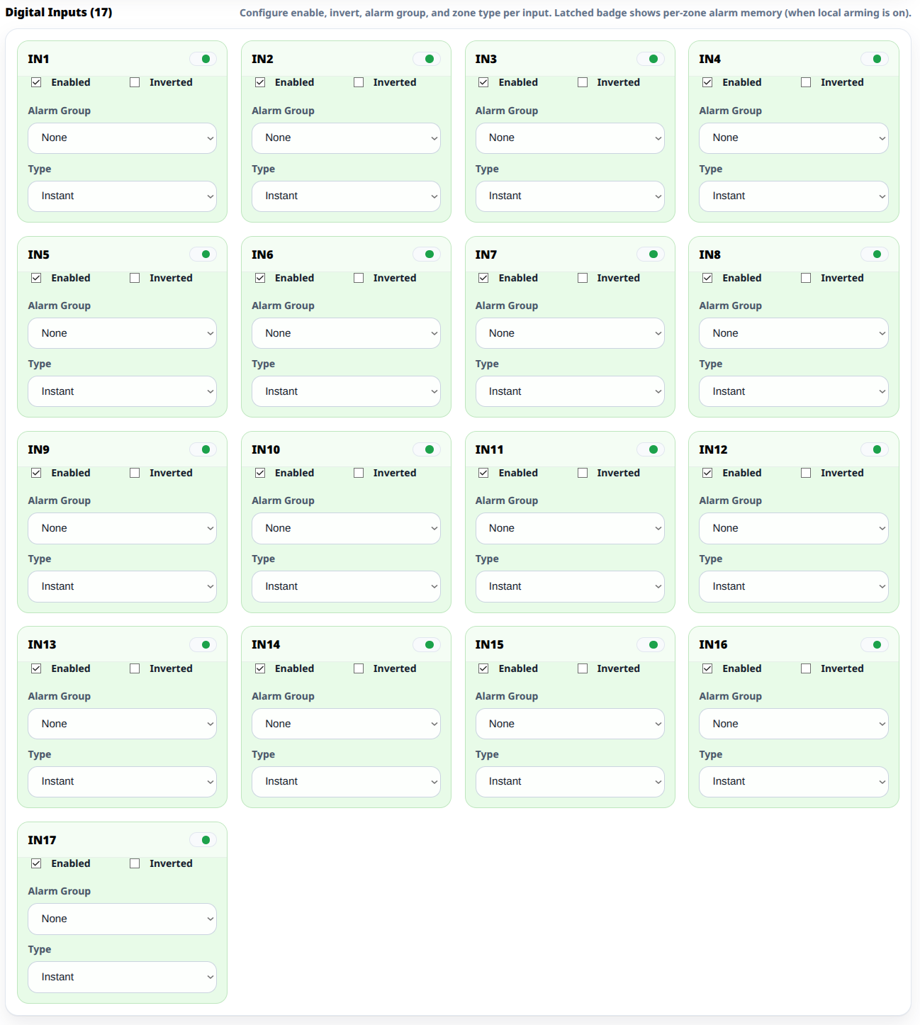 Digital inputs — enable, invert, alarm group, zone type (latched badge)