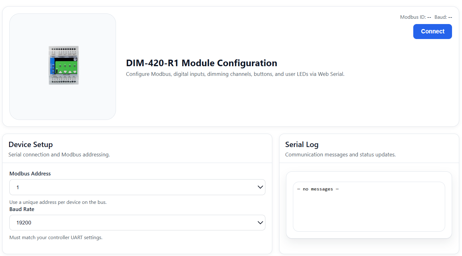 DIM-420-R1 WebConfig landing and Modbus configuration
