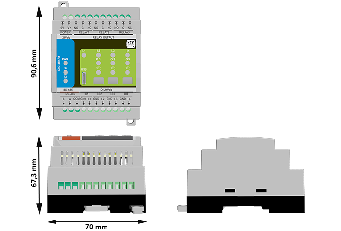 HomeMaster DIO-430-R1 mechanical drawing (front and side view) with dimensions in mm