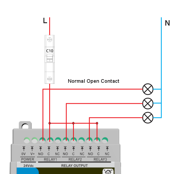 Relay wiring example NO and NC contacts