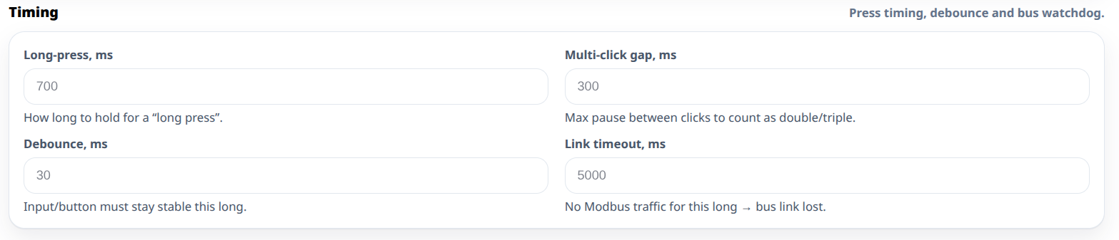 The Timing section of the DIO-430-R1 web configuration showing long-press, multi-click gap, debounce and link timeout fields, with link timeout set to 5000 milliseconds and described as the point at which the bus link is considered lost
