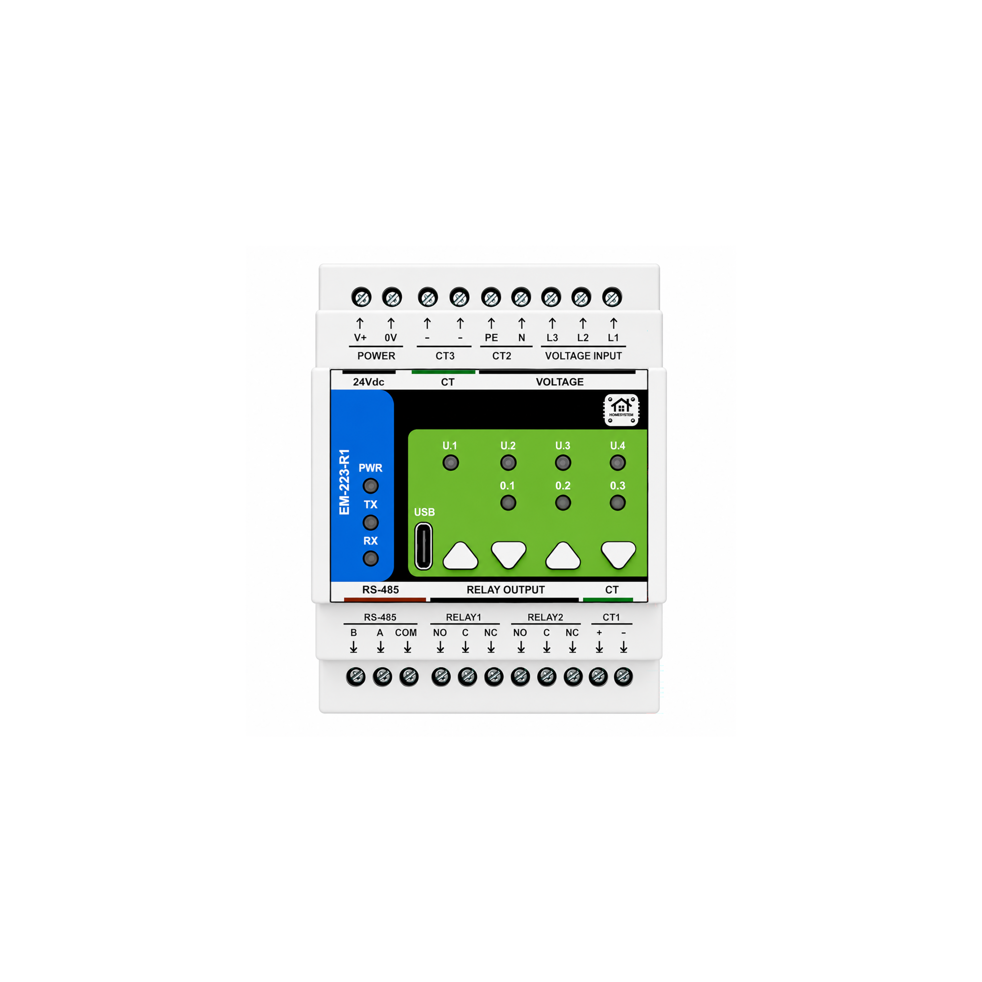 HomeMaster 9-channel energy metering kit — MicroPLC and three ENM-223-R1 DIN-rail meters