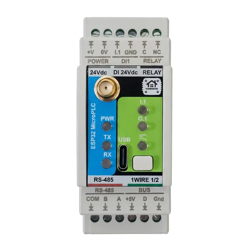 HomeMaster MicroPLC compact ESP32 DIN-rail controller, 2 DIN modules, with Wi-Fi antenna and USB-C
