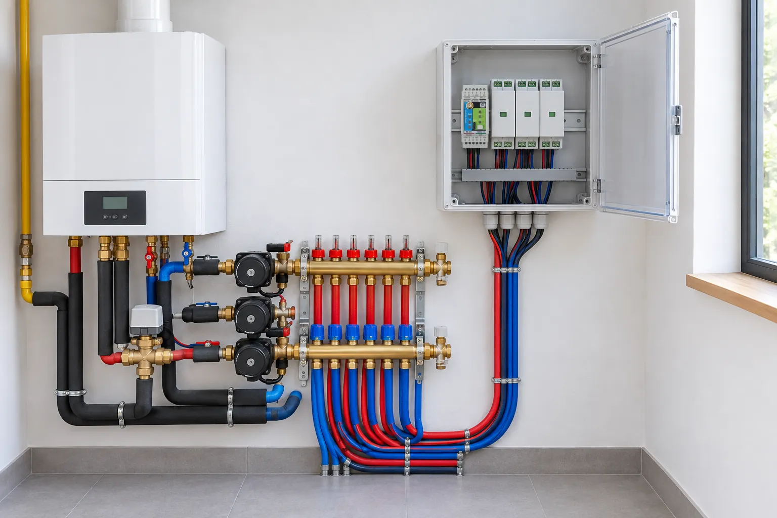 Boiler room with underfloor heating manifold and pumps, MicroPLC and HomeMaster modules in the control cabinet