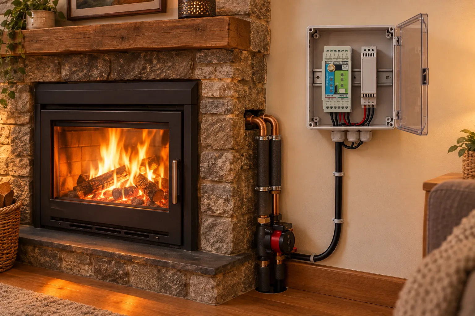 MicroPLC in a wall enclosure next to a wood-burning fireplace with a water jacket and circulation pump