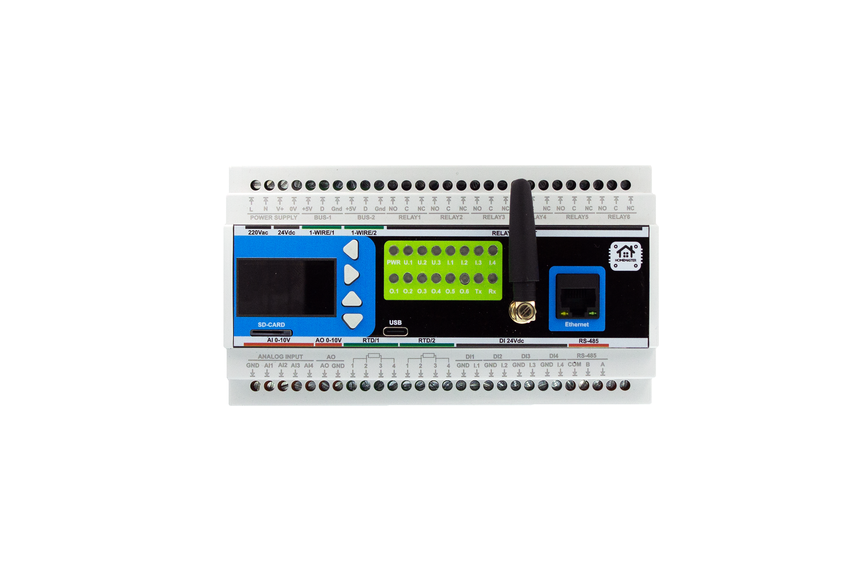 A HomeMaster MiniPLC controller mounted on DIN rail in a distribution panel