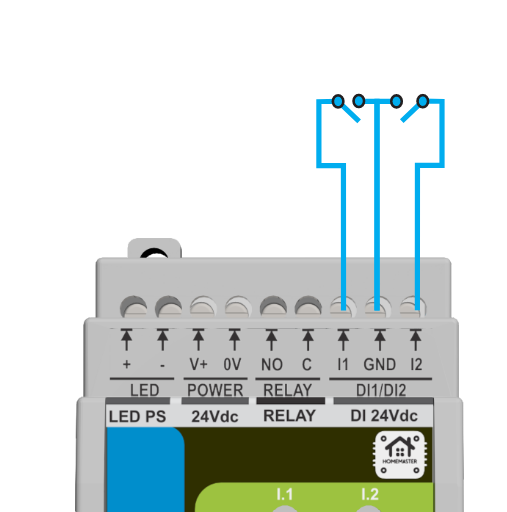 Digital inputs I1, I2 and GND with dry-contact switches