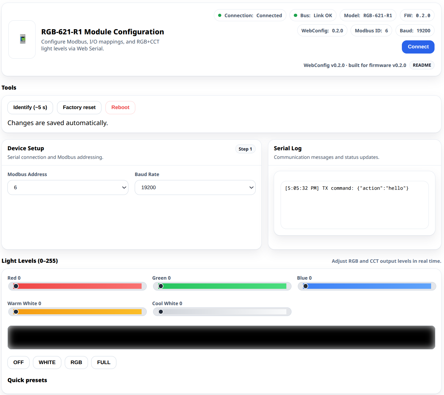 RGB-621-R1 WebConfig v0.2.0 — connection, Modbus, and live light levels