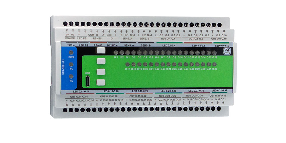 The STR-3221-R1 DIN-rail module seen from the front, with thirty-two numbered LED output terminals along the top and bottom, separate power and LED supply inputs, RS-485 terminals and two presence sensor inputs
