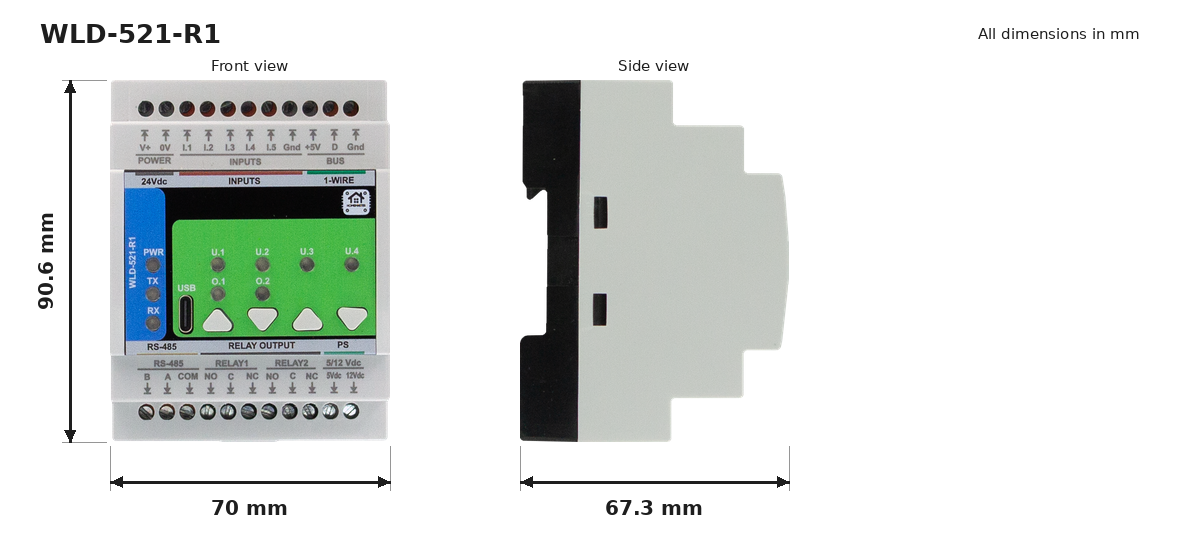 HomeMaster WLD-521-R1 mechanical drawing (front and side view) with dimensions in mm
