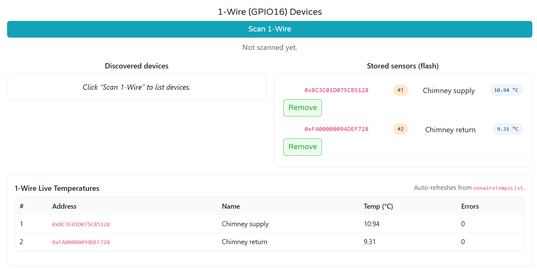The 1-Wire section of the WLD-521-R1 web configuration listing discovered sensors stored in flash with assigned names and live temperature readings