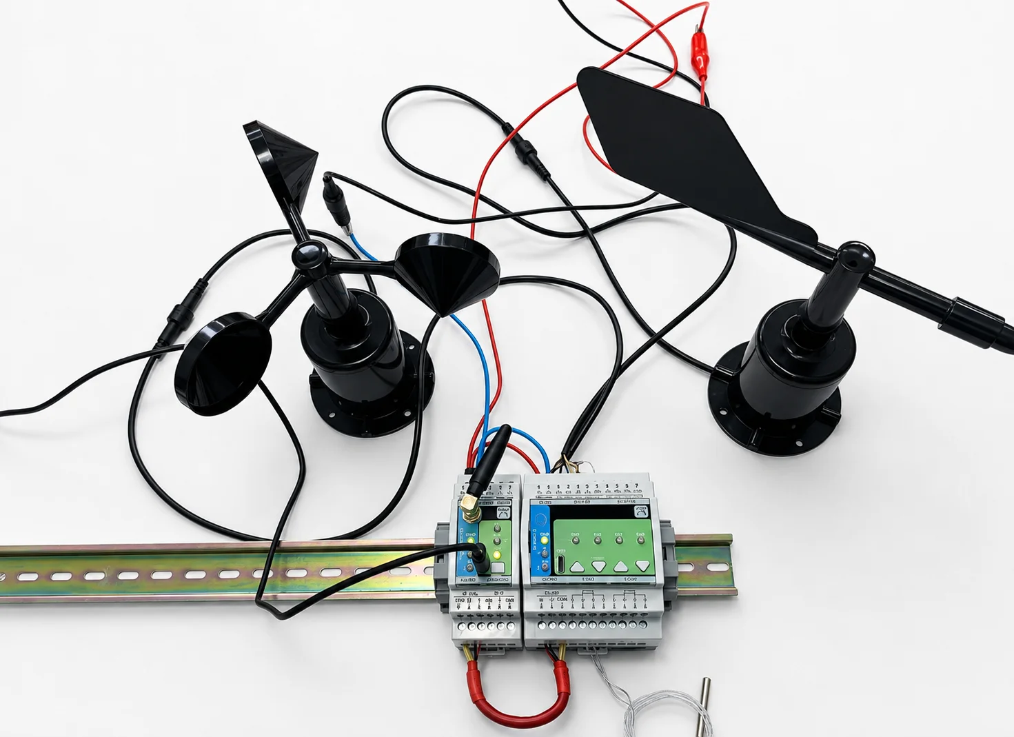 MicroPLC and AIO-422-R1 on a DIN rail wired to 4–20 mA wind speed and wind direction sensors and a PT100 probe