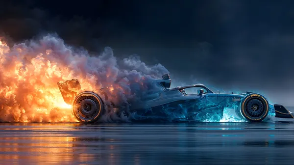 Formula 1 Race Car in Motion with Fire and Smoke