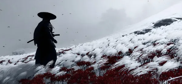 Snowy Landscape with Samurai Silhouette