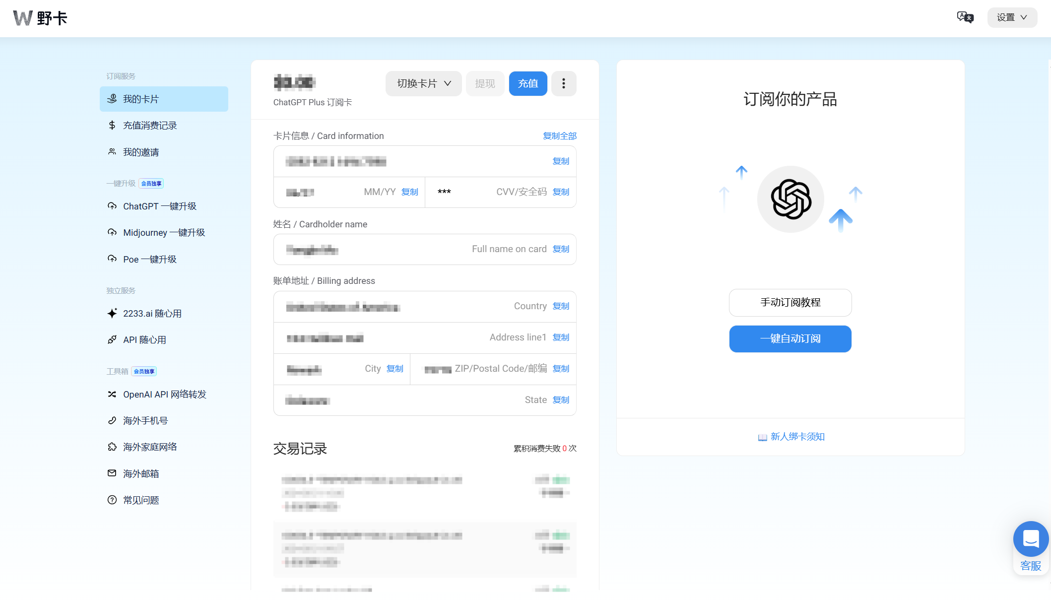虚拟银行卡信息界面