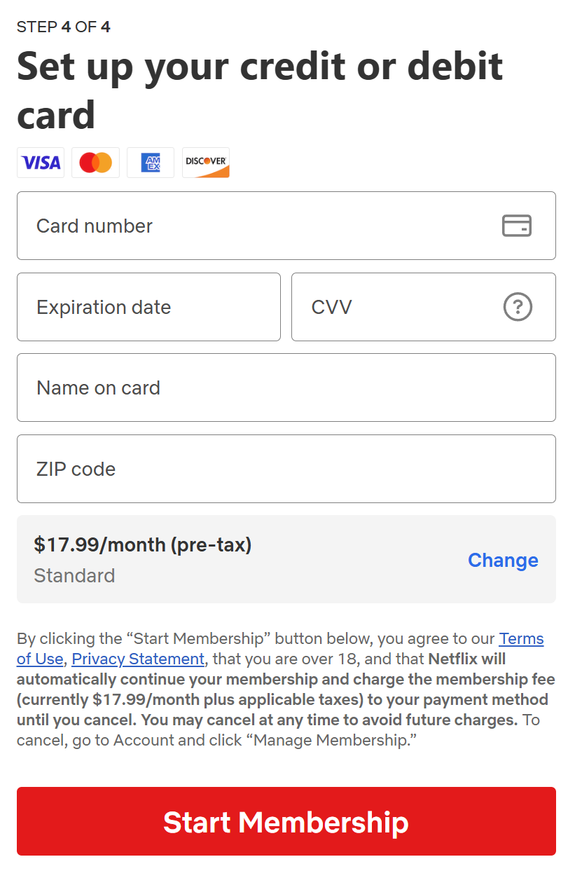Netflix填写信用卡信息