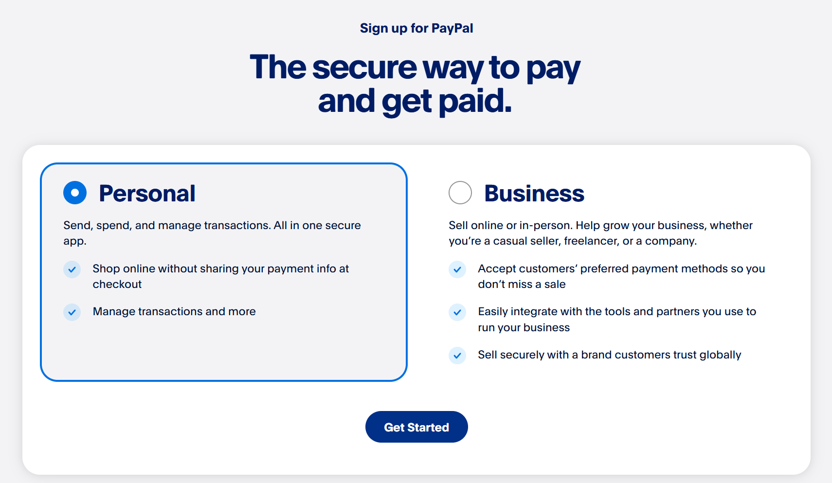 选择PayPal账户类型