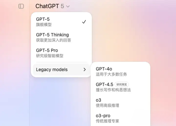 Pro 可见的全部模型示例(含 GPT‑4.5、GPT‑4o)
