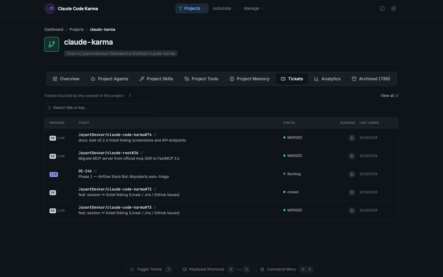 Project Tickets Tab