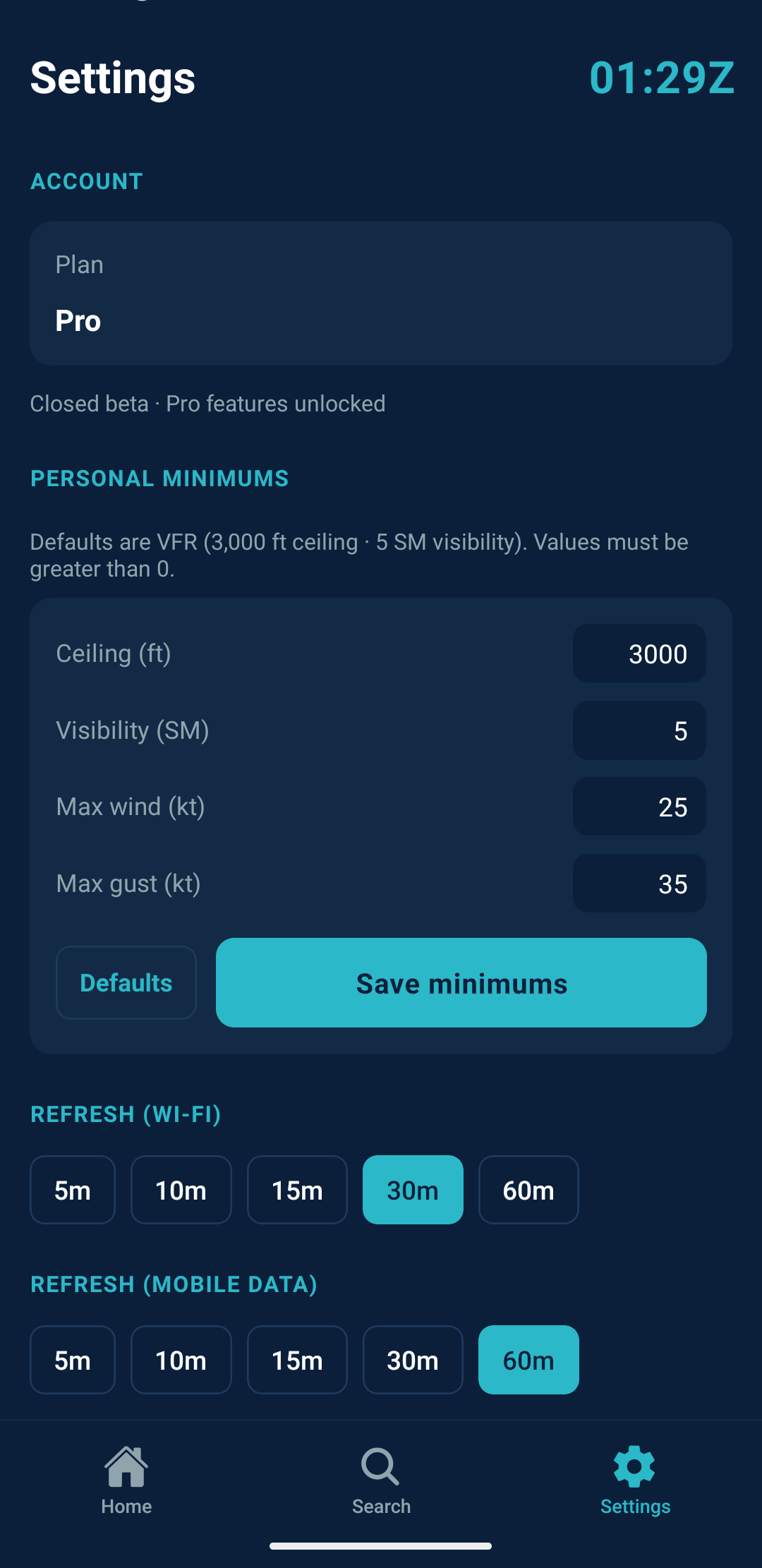 VFR Buddy settings for custom pilot personal minimums including ceiling, visibility, wind, and gust limits