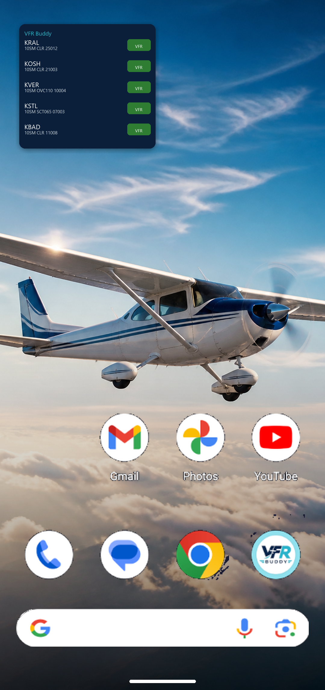 VFR Buddy home screen widget on an Android phone with aviation wallpaper, showing KRAL, KOSH, and KVER METAR flight categories