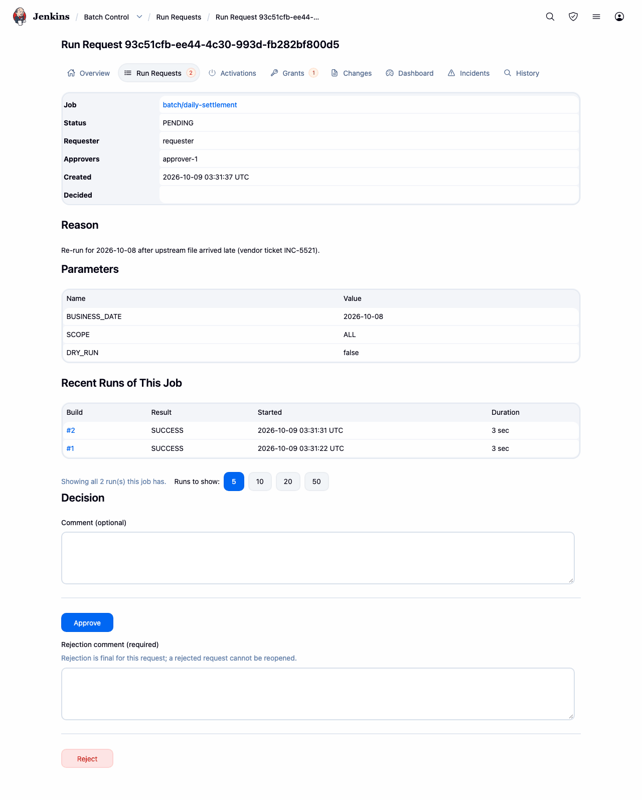 An approver's view of a pending run request showing its parameters, reason and requester, with Approve and Reject buttons