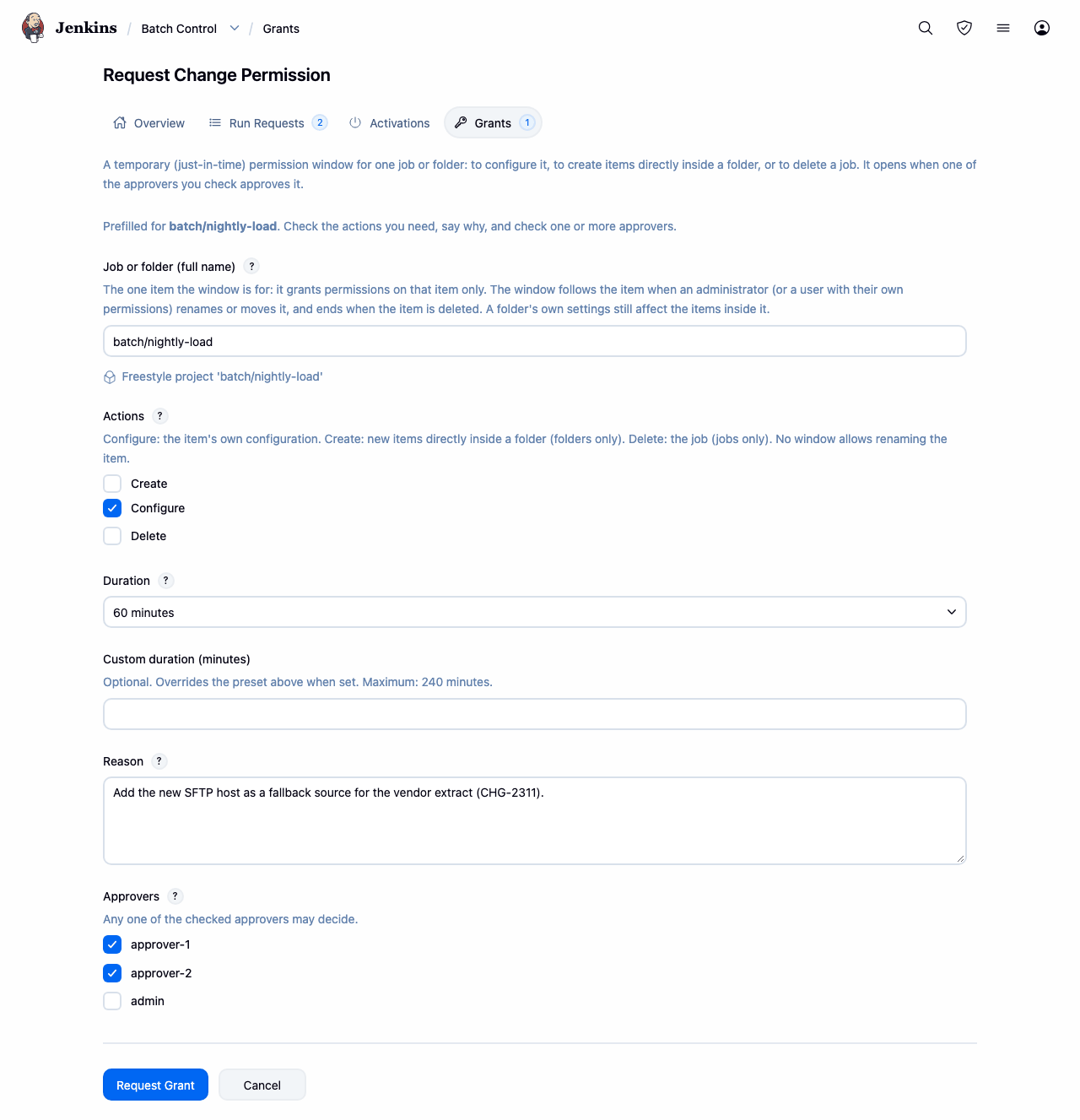 Permission window request form with the job or folder name, the CREATE, CONFIGURE and DELETE actions, a duration and a reason